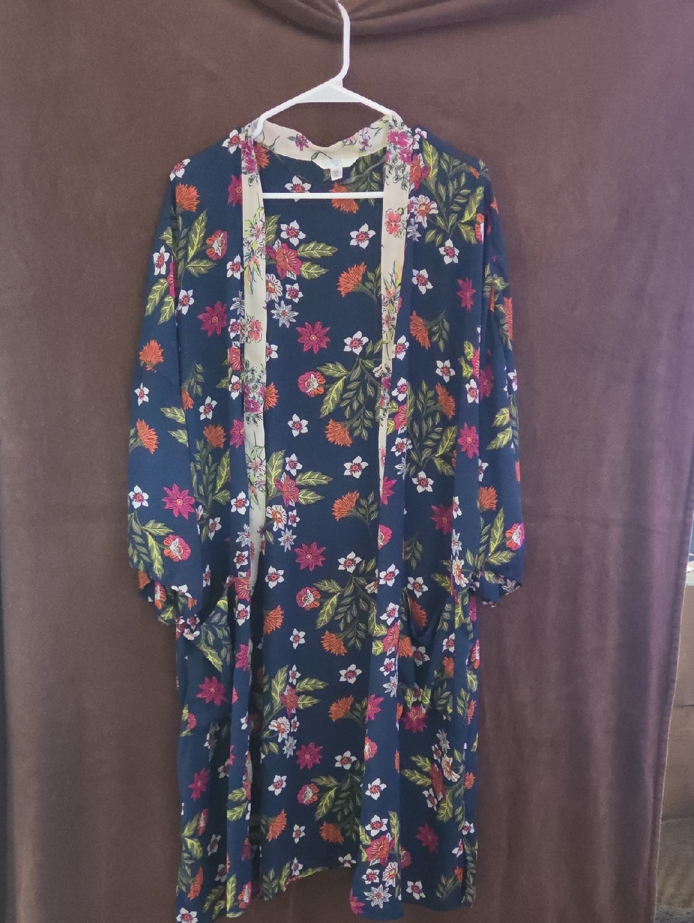 Time and Tru Navy Floral Open Front Kimono